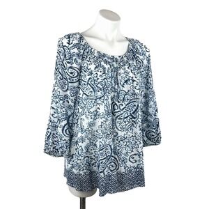 Chaps Denim Women M‎ Blue White Lightweight Semi-Sheer Peasant Blouse 3/4 Sleeve